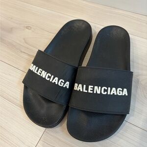 Balenciaga Black Slide Sandals with White Logo size 7.5